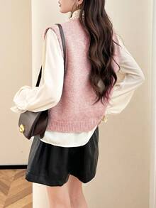 Alicedudu Chaleco de mujer con bordado floral hecho a mano, para otoño/invierno - Rosa - Ver 2