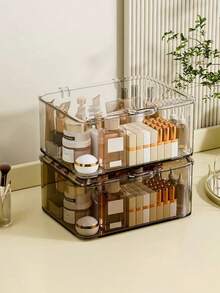 1 pieza Caja de almacenamiento transparente con tapa abatible, organizador de artículos de papelería de uso múltiple, caja de almacenamiento transparente multifuncional para escritorio con tapa abatible, caja de almacenamiento a prueba de polvo para cosméticos de escritorio, organizador de varios usos, almacenamiento de escritorio para el hogar/oficina, adecuado para el hogar, la escuela y la oficina, artículo esencial de oficina - transparente - Ver 8