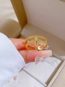 1 pieza Anillo de flor de trébol de cuatro hojas ajustable de doble capa, joyería de moda para mujeres