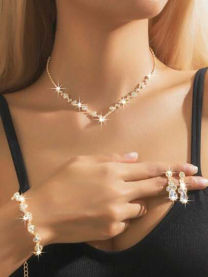 4 件套优雅爪链项链、锆石耳环、手链多件套、颈链、礼服配饰