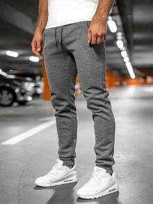 Men's Solid Color Drawstring Waist Casual Sweatpants - Dark Grey - View 1