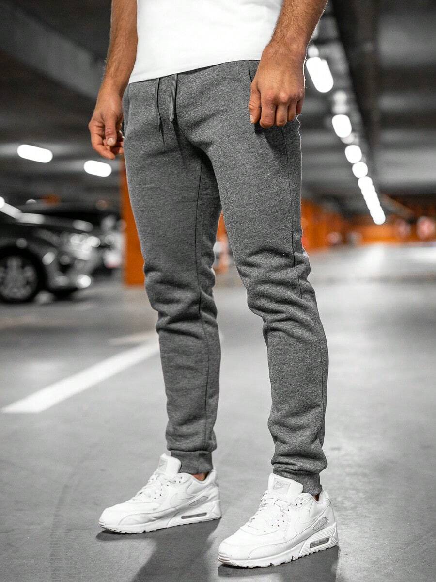 Men's Solid Color Drawstring Waist Casual Sweatpants - Dark Grey - View 1