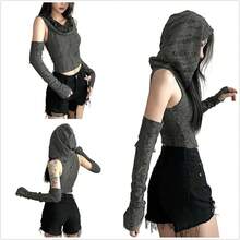 Women's Ripped Hoodie Sweater Vest Hollow Out Hooded Crop Top Knit Pullover Streetwear With Oversleeve - 灰色 - 查看 4