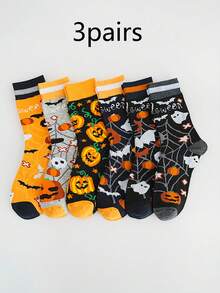 3 Pairs Halloween Pumpkin, Ghost, Spider Web Printed Mid-Calf Socks, Unisex Casual Gifts, Fall