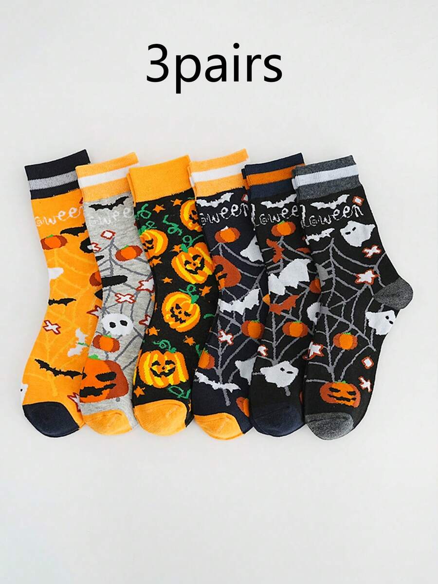 3 Pairs Halloween Pumpkin, Ghost, Spider Web Printed Mid-Calf Socks, Unisex Casual Gifts, Fall