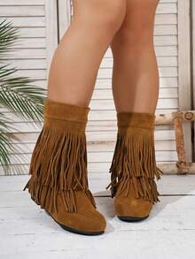 1双纯色学院风前卫波西米亚流苏踝靴，女士秋冬款，西部风格，牛仔靴 - 棕色 - 查看 6