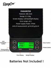 Dengcoo 1 件带计时器的咖啡秤 LCD 背光显示屏高精度厨房食品秤带去皮功能最大负载 6.6LB/3KG 0.1g 精度传感器（不含电池）倒入咖啡工具非常适合厨房和咖啡豆测量 - 黑色 - 查看 2
