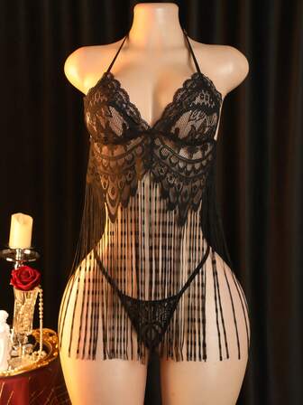 2 Pieces Sexy Lingerie Set Black Lace Halter Fringe Apron Bra With Tie Waist And Panty
