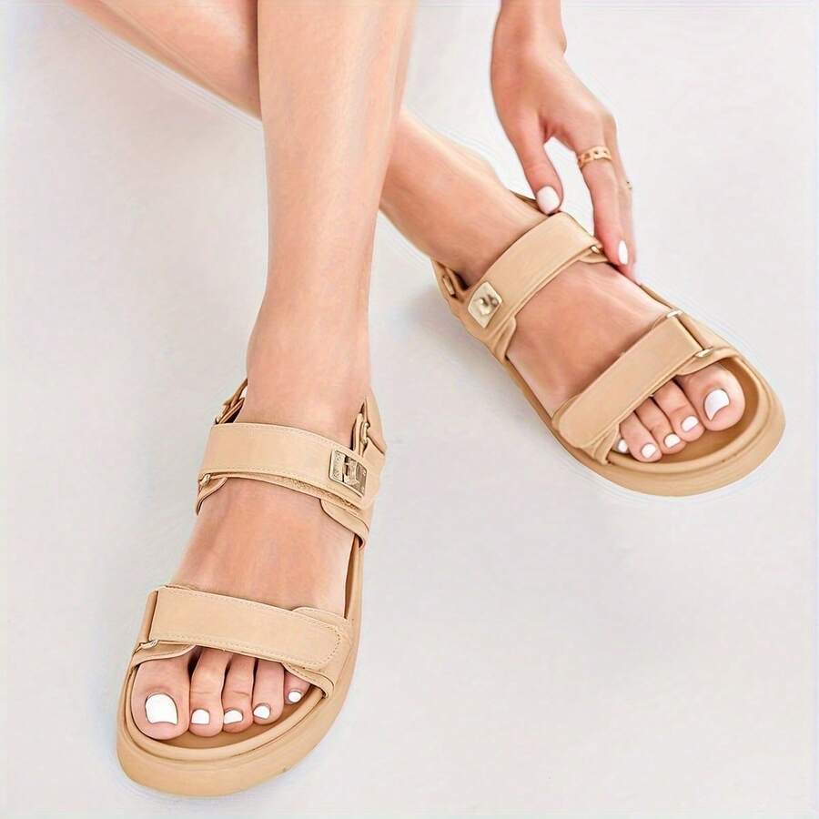 Coutgo Women's Thick-Soled Sandals, Comfortable Flat Sandals, Double-Strap Insoles, Summer Beach Sandals - Camel - View 1