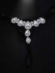New Sexy Wild Teardrop Flower Shaped Rhinestone Decorated Thong Panties & Body Chain Accessory For Women