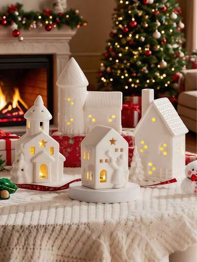 迷你乡村小屋，农舍家居装饰，LED灯乡村套装，迷你圣诞陶瓷小屋，路灯和树枝冬季装饰配件，适用于圣诞家居装饰、圣诞礼物、办公桌配件、办公室装饰
