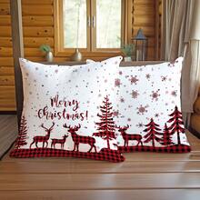 2pcs Christmas Red Plaid Reindeer & Christmas Tree Print Cushion Cover, Soft Peach Velvet Fabric, 45*45/50*50/40*40CM Pillow Case For Indoor Decor, Party, Gift