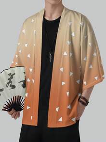 Men's Casual Kimono Cardigan, Chinese Style Hanfu Striped Cardigan, Casual Summer Clothing - Orange - View 3