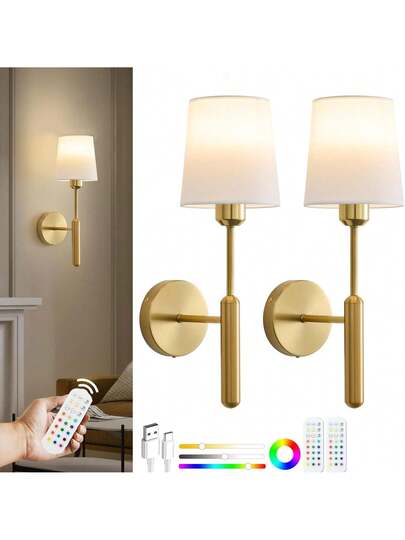 2sets Gold/Black Rechargeable Battery Driven Wand Lights 15 Temperature Adjustable Remote Control, Powered Non Hard Wired Bedroom, Farmho Bedside Reading