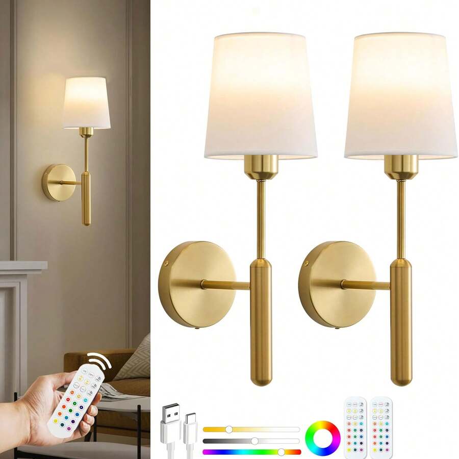 2sets Gold/Black Rechargeable Battery Driven Wall Lights With A 15 Color Temperature Adjustable Remote Control, Battery Powered Non Hard Wired Wall Lights For Bedroom, Farmhouse, Bedside Reading Lights