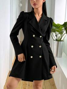 Vestido corto camisero dama mujer día noche elegante sexy cierre botones cuello doble solapa manga larga bajo amplio primavera verano fiesta evento cumpleaños vacaciones festival cena - Negro - Ver 1