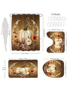 1/4 Pcs Pumpkin Autumn Thanksgiving Shower Curtain Set, Watercolor Floral Pumpkin Bathroom Set For Autumn Thanksgiving Harvest, Includes Shower Curtain And Rug, Waterproof Polyester Fabric Shower Curtain Bathroom And Home Decor, With 12 Hooks, Thanksgiving Decor, Autumn Decor, Halloween, Christmas Decorations Bathroom Decor