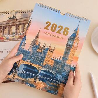 12 Sheets 2026 Wall Calendar With Gold Foil Stamping, A4 Daily Planner, Retro Attractions Painting Style For Home, School, Office, Perfect Organization Supplies For Busy Individuals & Professionals