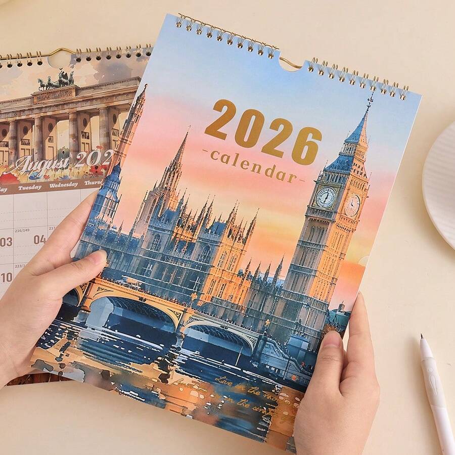 12 fogli Calendario da parete 2026 con stampa in oro, pianificatore giornaliero formato A4, stile pittorico di attrazioni retrò per casa, scuola, ufficio, perfetti accessori organizzativi per individui e professionisti impegnati - Tagli Unica - Visualizzare 1