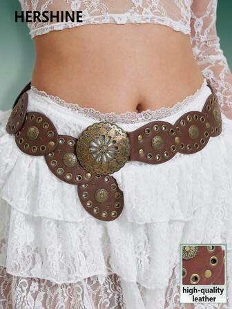 Hershine 1件波西米亚风西部牛仔/女牛仔乡村朋克腰带，女士镂空花朵扣椭圆形拼接腰带/链条，古铜色装饰波西米亚风连衣裙配饰