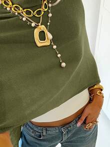 Women's Asymmetric Shawl Collar Y2K Style Batwing Sleeve Cropped Knit Top, Lightweight Sheer Pullover Sweater For Beach, Vacation, Autumn - Green - View 6