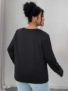 Plus-Size Women's Heart Name Custom Print Round Neck Warm Long Sleeve Top Loungewear, Fall, Cozy Outfits