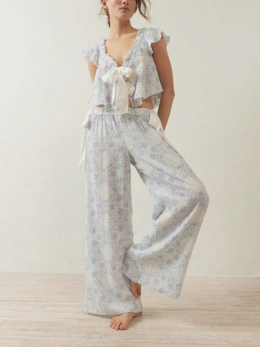 Women Y2K Pajamas Set Floral V-Neck Tie-Front Top And Elastic Pants Set Cute Loungewear Soft Pretty Sleepwear Fall Summer Spring Pjs - Màu be - Xem 1