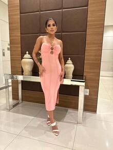 Strapless Draped Dress With Hoop Neckline GRINGA MODA - 淺粉色 - 查看 3