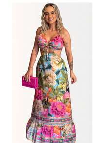 Women's Long Strap Dress Floral Print Summer Tropical Beach Casual - Màu xanh lam - Xem 1