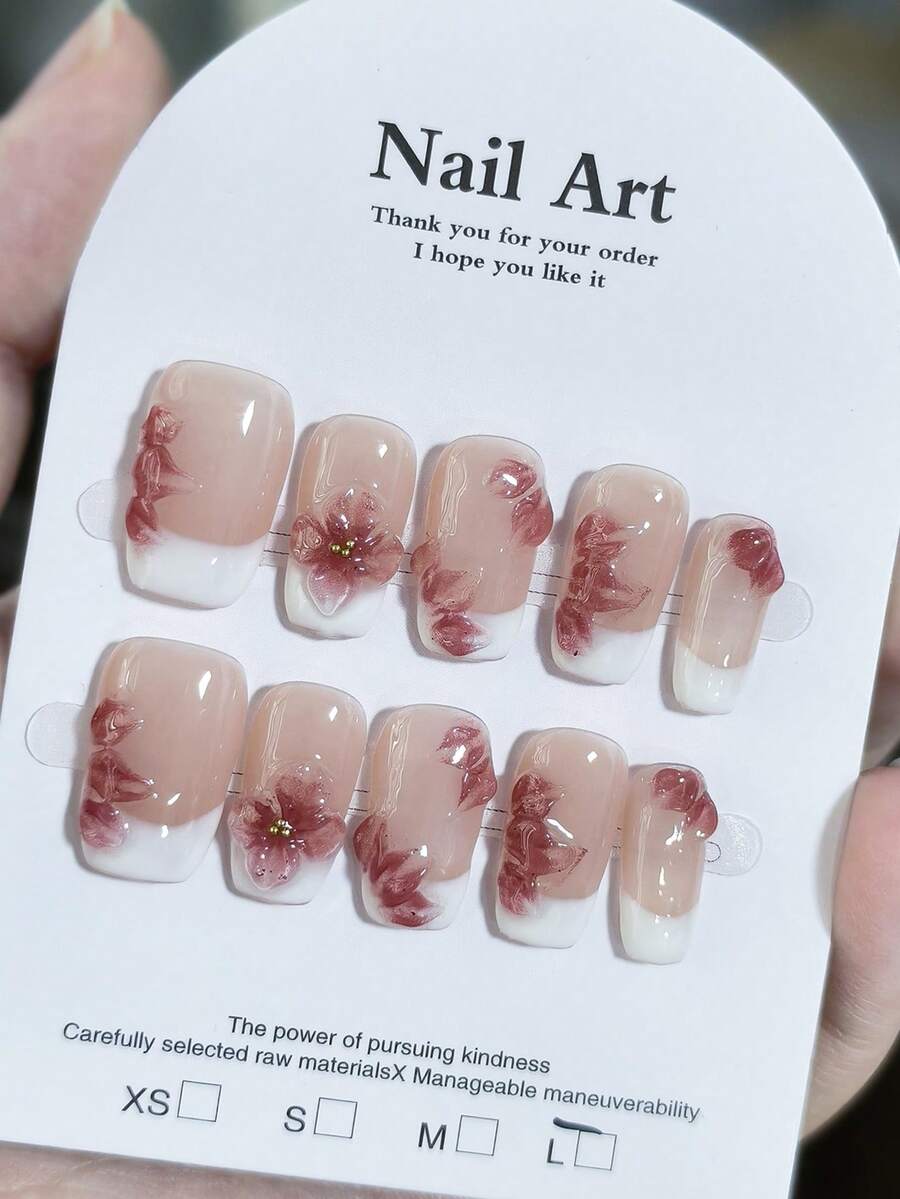 10片裸肤法式少女3D粉色花卉图案美甲贴片，手工制作，全覆盖法式方型中长款，三维手绘花朵雕刻设计，亮泽光亮，粉白相间，鸭嘴形高端简约度假风立体雕刻优雅美甲贴片，美甲用品，手工美甲贴片 - 彩色 - 查看 1