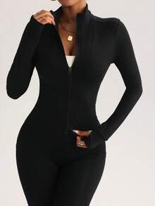 FWH Bộ đồ thể thao nữ ôm sát, chạy bộ, có khóa kéo, co giãn, thoải mái, mềm mại, tối giản, thanh lịch - Phối màu hấp dẫn, tương phản màu sắc, phù hợp cho chạy bộ và dạo phố, áo khoác yoga tay dài ôm sát thời trang gợi cảm, bộ 2 món. - Nhiều màu - Xem 6