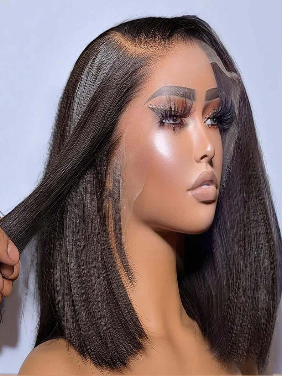 Short Bob Straight Human Hair Highlight Wigs Pre Plucked 13X4 HD Lace Front Wigs Brazilian Hair Cut Parting Wigs For Woman 200% Density #1B Natural Black 12Inch - Natural Black - 查看 1