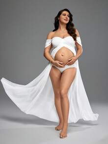 Maternity Off-Shoulder Split Solid Color Ruffle Crossover Dress, Photoshoot Wear - White - View 2