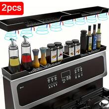 2pcs 30 Inch Magnetic Stove Top Shelf Spice Rack Storage, Silicone Top Heat Material Stove Rack Shelf Flexible Seasoning Organizer Kitchen Shelves Gadgets (Black) - 黑色 - 查看 1