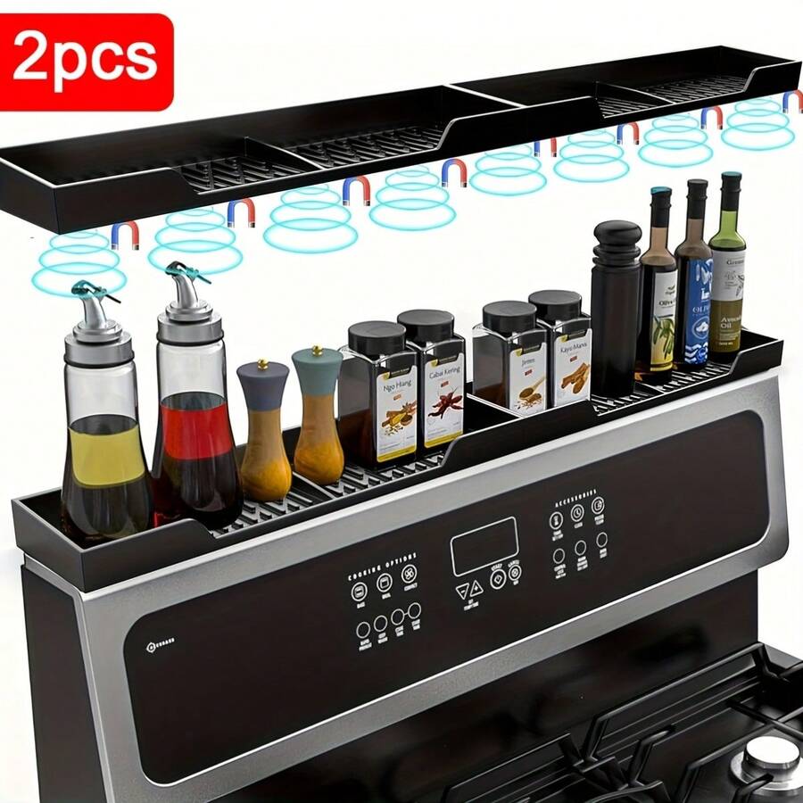 2pcs 30 Inch Magnetic Stove Top Shelf Spice Rack Storage, Silicone Top Heat Material Stove Rack Shelf Flexible Seasoning Organizer Kitchen Shelves Gadgets (Black) - 黑色 - 查看 1