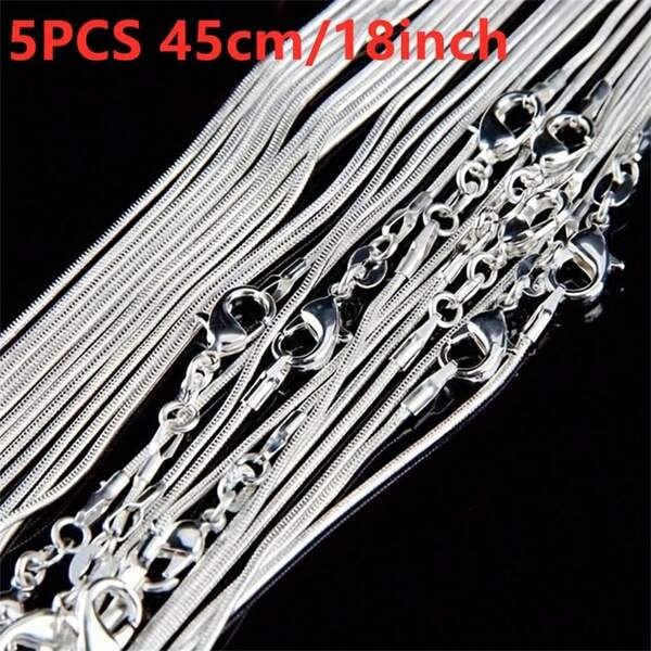 5pcs Set 925 Sterling Silver Snake Chain Necklaces, 1mm Solid For DIY Beads Chain, For Women Lady Men, Ideal Christmas Anniversary Wedding Gift Wholesale