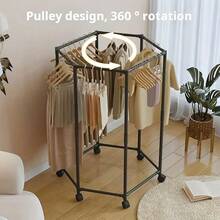 1pc 360° Rotating Floor Standing Clothes Rack, Hexagonal Swivel Garment Rack On Wheels - Sturdy Metal Frame, Portable Space-Saving Design, Suitable For Laundry Room, Boutique Display And Home Storage, Clothing Hanger, Laundry Room Accessory, Modern Aesthetics, Durable Structure
