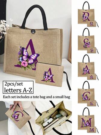 2pcs/Set Elegant Purple Butterfly Flowers Lettera-Z Print Linen Tote Bag,Simple Bag For Travel, Cosmetic Purse,Large Capacity Travel Makeup Bag,Versatile Portable Tote Bag For Teacher,Appreciation Linen Bag, Gifts For Women, Teacher's Day Gift,Casual Storage Tote Bag,Shopping Bag