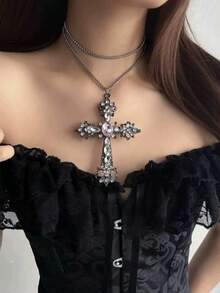 1 Piece Of Hollow Carved Cross Inlaid With Zirconia Ornate Gothic Multicolor Metal Necklace, Suitable For Daily Wear For Women's Party Dance - Multicolor - View 4