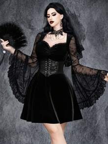 Ladies' Gothic Sexy And Elegant Halloween Ghost Bride Party Role Play Witch Costume, Lace Trim Velvet Dress - Black - View 3