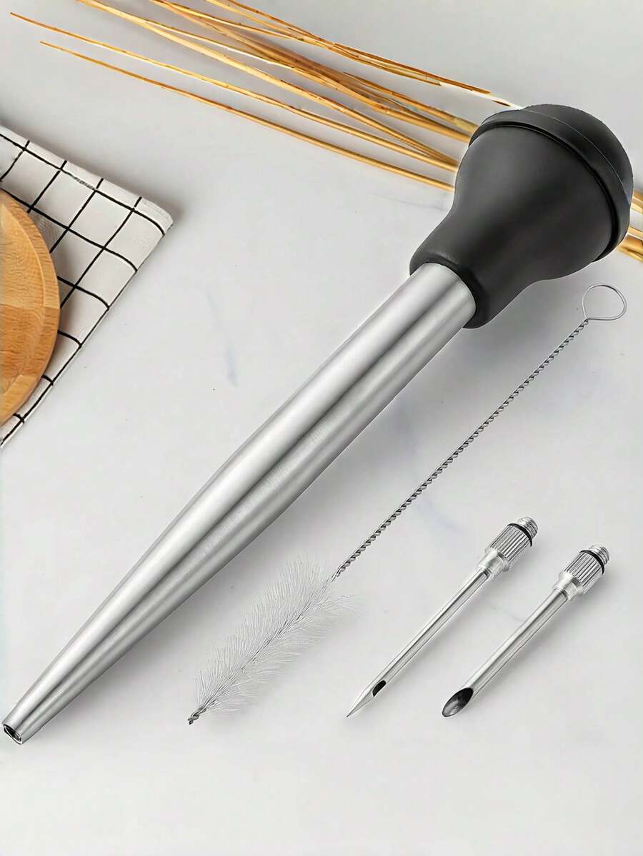 4pcs/2pcs Stainless Steel Turkey Baster, Injector For Cooking - , Metal Turkey Baster With Silicone Suction Cup - Large Turkey Baster - Includes 2 Detachable Needles And Cleaning Brush, Black, Home, Kitchen, Kitchen Accessories
