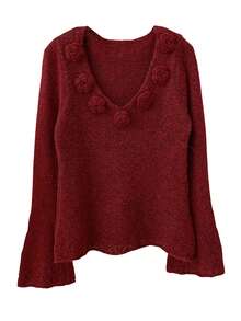 Elegant Solid Color Flare Sleeve Knit Sweater - Red - View 4