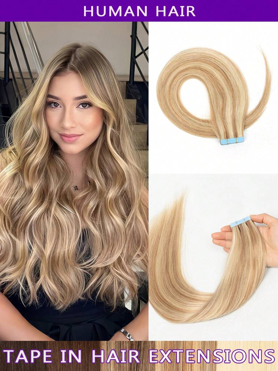 12-22 Inch Remy Human Hair Extensions, Invisible Tape-In, Ash Blonde, Full Head Ash Blonde Seamless Extensions - 30g/Pack, Stylish, No Glue Needed, Perfect For Holidays And School