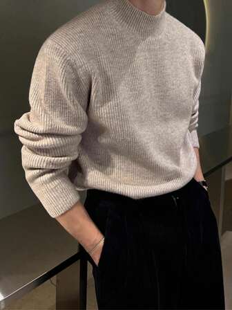 Men's Casual Solid Color Mock Neck Ribbed Knit Pullover Sweater, Fall/Winter