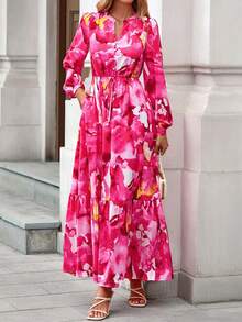 Women Fall Boho Maxi Dress Floral Long Sleeve V Neck Button Pockets Flowy Long Dress Autumn Winter Holiday Vacation Wedding Dresses Outfits - Màu nước hồng hồng - Xem 5