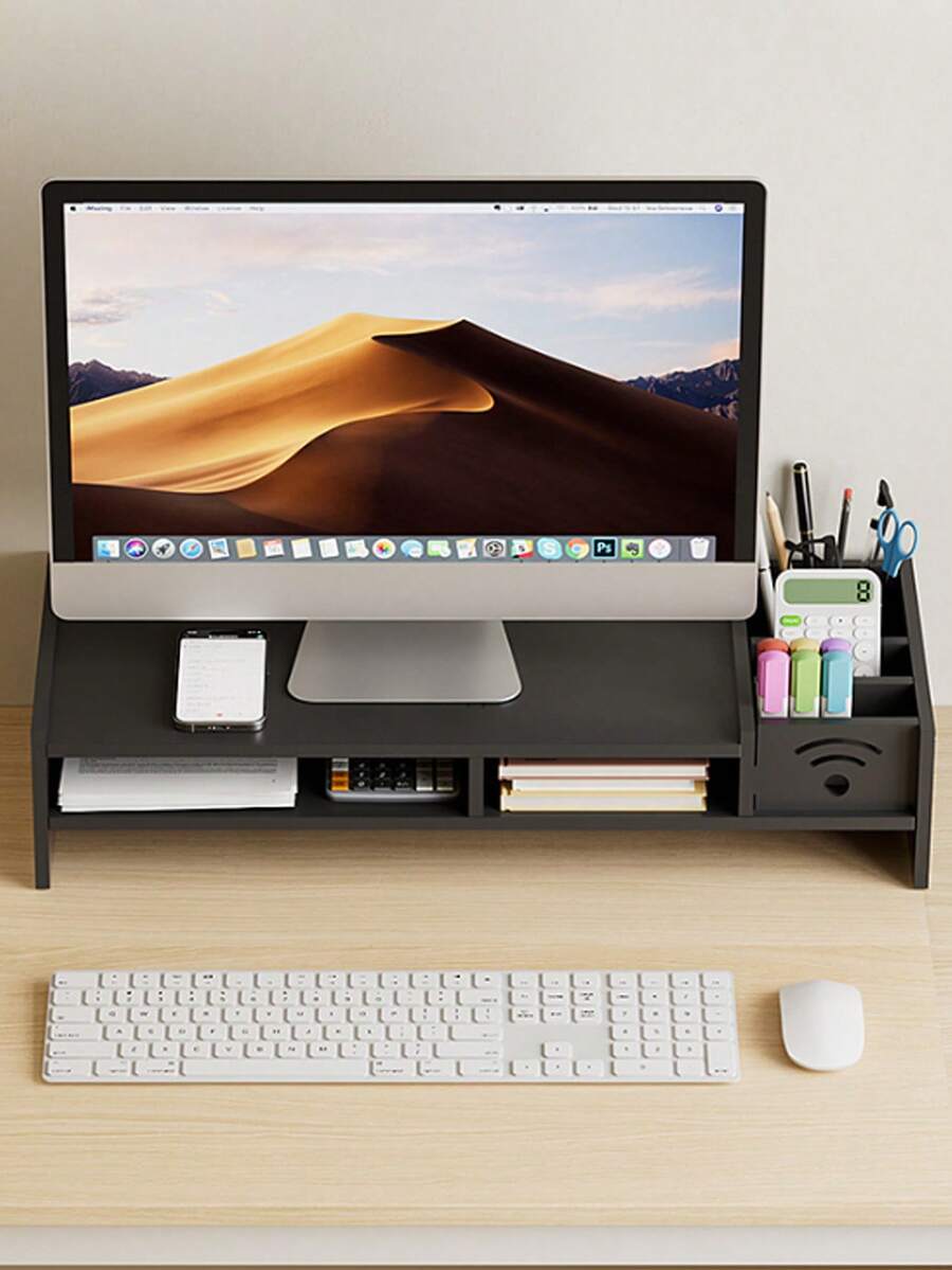 1 pieza Soporte elevador para monitor de computadora con cajón, estantería de almacenamiento multifuncional, organizador de escritorio de oficina para laptop, soporte ajustable para pantalla con cajón - Multicolor - Ver 1