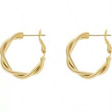 1pair European & American Style Metal Twisted Hoop Earrings With Silver Needle, New Earrings With High-End Aesthetics For Women - 金色 - 查看 6