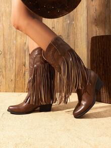 Women Cowgirl Western Boots Fringe Tassel Chunky Block Heels For Mid Calf Slip On Retro Casual Fashion Festival Ridding Shoes Brown Boots - 棕色 - 查看 6