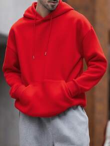 Sudadera con capucha casual de unicolor, de manga larga y hombros caídos, con cordón y bolsillo, para hombres, para otoño/invierno, temporada de vuelta al colegio - Rojo - Ver 3