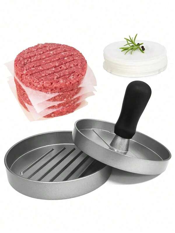 Conjunto de 1 máquina de fazer hambúrguer e 100 prensas de papel antiaderentes, utensílios e acessórios de cozinha, adequados para festas de fim de ano, reuniões, refeições em família e hambúrgueres caseiros